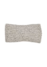 Bandeau en tricot gris doux avec une texture côtelée, conçu pour garder les oreilles au chaud par temps froid.