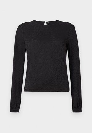 Camisola preta de mangas longas com uma textura de estampado animal subtil, decote redondo e punhos ajustados, com uma abertura em forma de chave na parte de trás.