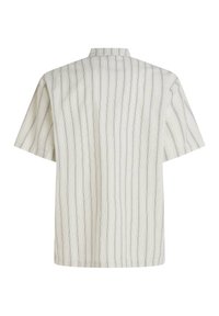 Short-sleeve shirt with vertical stripes in light grey and cream. Features a band collar and relaxed fit with soft, textured fabric.