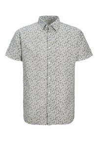 Camicia a maniche corte con colletto e sfondo chiaro, caratterizzata da una piccola stampa floreale in blu navy, crema e taupe. Tessuto morbido e leggero.