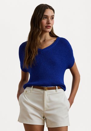 Lauren Ralph Lauren RIB KNIT SHORT SLEEVE V NECK SWEATER - T-paita - new sapphire