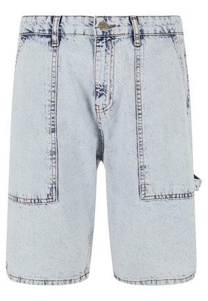 Hellblaue Jeansshorts mit lockerem Schnitt. Mit zwei großen Vordertaschen, sichtbaren Nähten und einem mittellangen Schnitt. Robuste Stoffstruktur.