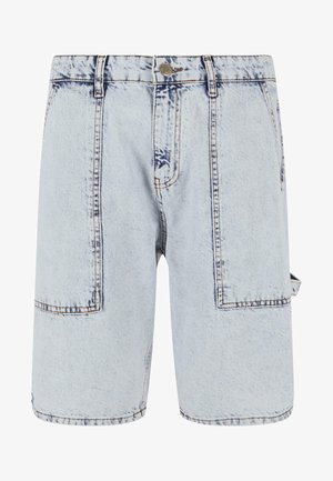 Hellblaue Jeansshorts mit lockerem Schnitt. Mit zwei großen Vordertaschen, sichtbaren Nähten und einem mittellangen Schnitt. Robuste Stoffstruktur.