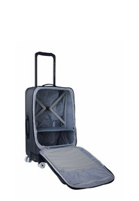 Valigia rigida blu navy con manico retrattile, quattro ruote e ampio interno grigio dotato di cinghie regolabili e tasca in rete.