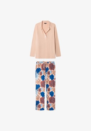 Helles rosa Langarmoberteil mit Kragen und Knopf. Blumenmuster-Hosen in Pfirsich-, Blau- und Rottönen mit elastischem Kordelzugbund.
