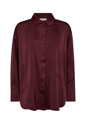 Langärmelig donker bordeaux satijnen blouse met een puntige kraag en knoopsluiting aan de voorkant.