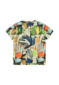 Lyhythihainen t-paita, jossa on monivärinen graafinen kuva erilaisista hanskoista vaalealla taustalla, valmistettu pehmeästä ja hengittävästä kankaasta.