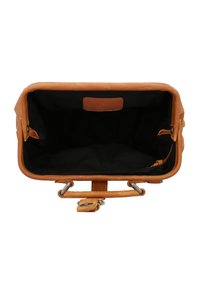Brown leather handbag with a rectangular shape, featuring a black interior, metal hardware, and a flap closure.