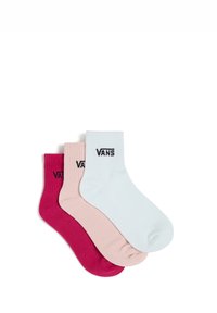 Tre par bomuldsstrømper: mørkeblå, lyserød og lyseblå. Hver sok har en ribbet kant og et sort "VANS" logo.