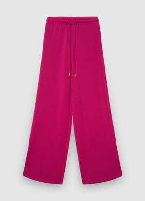 Fuchsia wide-leg pants in soft fabric with an elastic waistband and drawstring, featuring a smooth texture and no visible patterns.