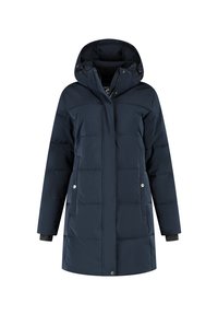 Marineblauwe winterjas met voering, capuchon, ritssluiting en drukknoopsluiting, en twee zijzakken.
