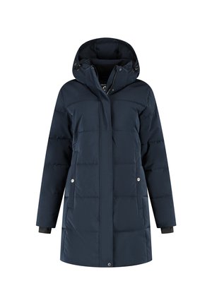 Marineblauwe winterjas met voering, capuchon, ritssluiting en drukknoopsluiting, en twee zijzakken.
