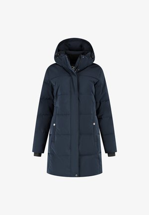Marineblauwe winterjas met voering, capuchon, ritssluiting en drukknoopsluiting, en twee zijzakken.