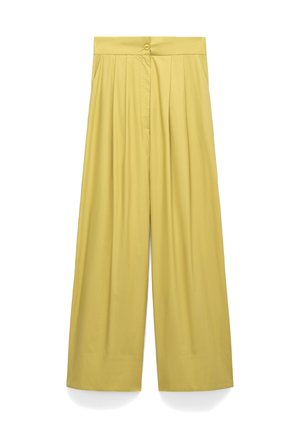 Hoge taille wijde broekspijpen in mosterdgeel met voorplooien, zijzakken, een tailleband en een enkele knoopsluiting.