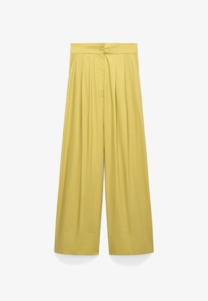 Hoge taille wijde broekspijpen in mosterdgeel met voorplooien, zijzakken, een tailleband en een enkele knoopsluiting.