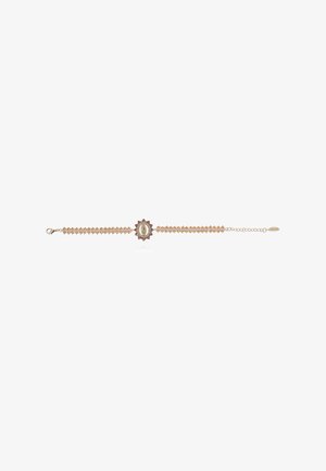Bracelet en or avec une pierre précieuse ovale centrale entourée d'un motif floral, des maillons de chaîne texturés et une fermeture à fermoir.