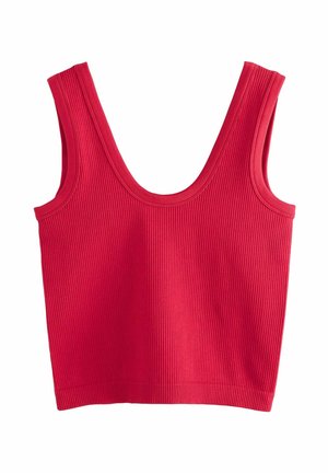 Punane soonikuga tank top laiade ümarate õlgadega, millel on kergelt figureeriv lõige, mis ulatub kuni vööni. Sile tekstuur.