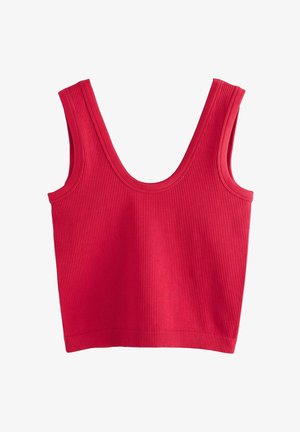 Punane soonikuga tank top laiade ümarate õlgadega, millel on kergelt figureeriv lõige, mis ulatub kuni vööni. Sile tekstuur.