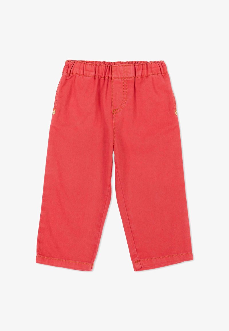 Pantaloni rossi per bambino con vita elastica e dettagli con bottoni laterali, realizzati in tessuto morbido.