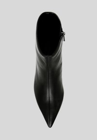Stivaletto in pelle nera con punta allungata, design elegante e chiusura con zip sul lato. Texture liscia e forma slanciata.