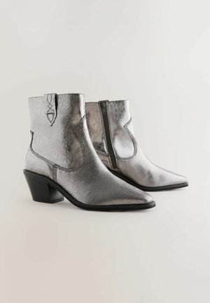 Metallic silver ankle boots with a pointed toe, textured leather, angled sides, and a black stacked heel. Zipper closure at the back.