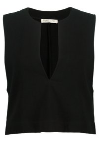 Svart ärmlös topp med djup V-ringning och figursydd silhuett, tillverkad av mjukt tyg med en slät textur och minimala sömnadsdetaljer.