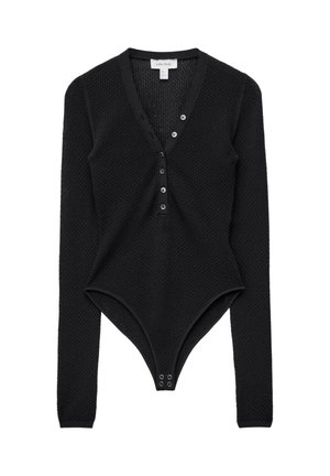 Schwarzer Langarm-Body aus strukturiertem Stoff, mit tiefem V-Ausschnitt, Knopfverschluss und Druckknopfverschluss am unteren Saum.