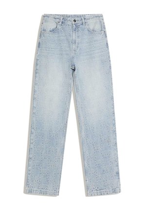 Vaaleansiniset suorat farkut, joissa on hienovarainen kuvioitu ruutukuvio, etutaskut ja napillinen vyötärösuljin.