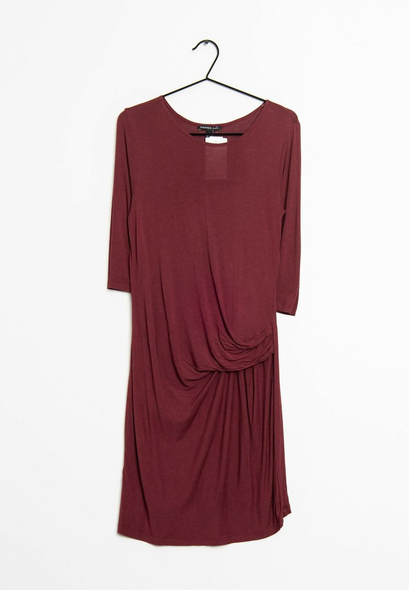 Burgundy knee-length dress with three-quarter sleeves, draped front detail, and a relaxed fit, made from soft, flowing fabric.