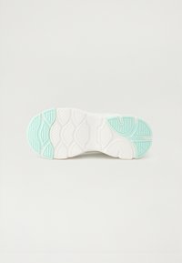 Shoe sole features a textured white surface with mint green accents. It has a dynamic tread pattern for grip and stability.