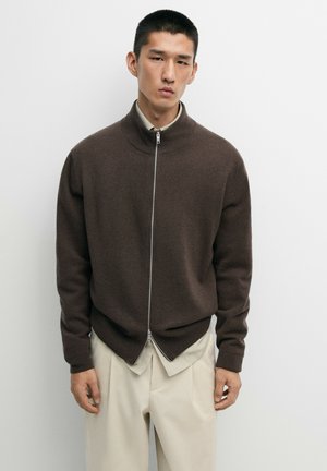 Giovane uomo che indossa un maglione marrone scuro con cerniera sopra una camicia chiara e pantaloni beige, in piedi davanti a uno sfondo chiaro e uniforme.