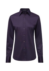 Lila Hemdbluse mit langen Ärmeln, einem spitzen Kragen und glänzenden Knöpfen. Hergestellt aus glattem, leichtem Stoff mit taillierter Passform.