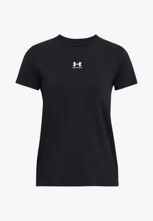 T-shirt noir à manches courtes en coton. Présente un col rond et un logo Under Armour blanc sur la poitrine. Design simple et uni.