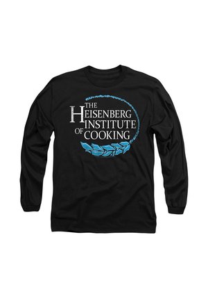 Schwarzes Langarmshirt mit weißen und türkisfarbenen Text, der "Das Heisenberg-Institut für Kochkunst" liest, umrahmt von einem dekorativen Rand und grafischen Akzenten.