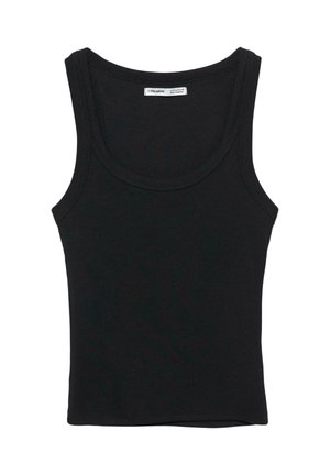 Czarny prążkowany bezrękawnik z okrągłym dekoltem i prostym dołem, metka po wewnętrznej stronie z tyłu kołnierza.