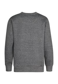 Sweat-shirt gris foncé uni à manches longues avec poignets et ourlet côtelés, vu de dos sur fond blanc.