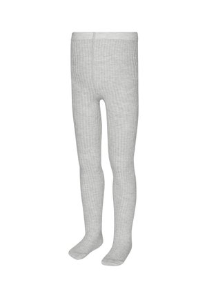 White ribbed knit tights for children with enclosed feet and elastic waistband.