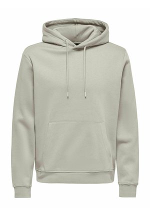 Sweatshirt à capuche gris clair en tissu doux, avec une poche kangourou à l'avant, des cordons de serrage réglables et des poignets et un ourlet côtelés.