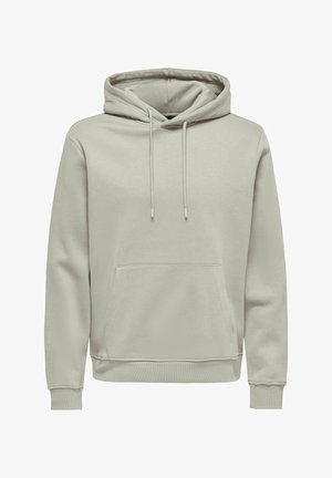 Light grey hooded sweatshirt made of soft fabric, featuring a front pouch pocket, adjustable drawstrings, and ribbed cuffs and hem.