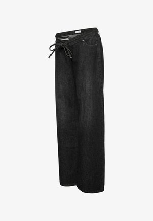 Musta denimi leveälahkeat housut, joissa on naru vyötäröllä, sileä rakenne ja klassinen viisi-tasku design.