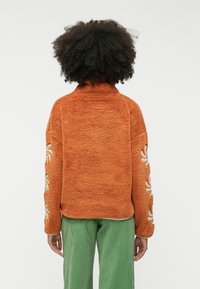 Hrdzavo-oranžová fleecová bunda s vysokým golierom, ozdobená krémovým vyšívaným detailom na rukávoch. V kombinácii so zabudnutými zamatovými nohavicami zelenej farby.