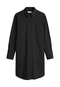 Zwarte lange mouwen shirt van gladde stof, met een knoopsluiting aan de voorkant, klassieke kraag en een rechte zoom.