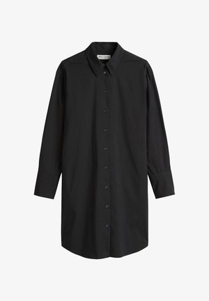 Schwarzes Langarmhemd aus glattem Stoff, mit Knopfleiste, klassischem Kragen und geradem Saum.