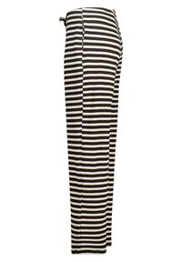 Striped wide-leg pants in black and cream ribbed material, featuring a drawstring waist and a straight cut design.