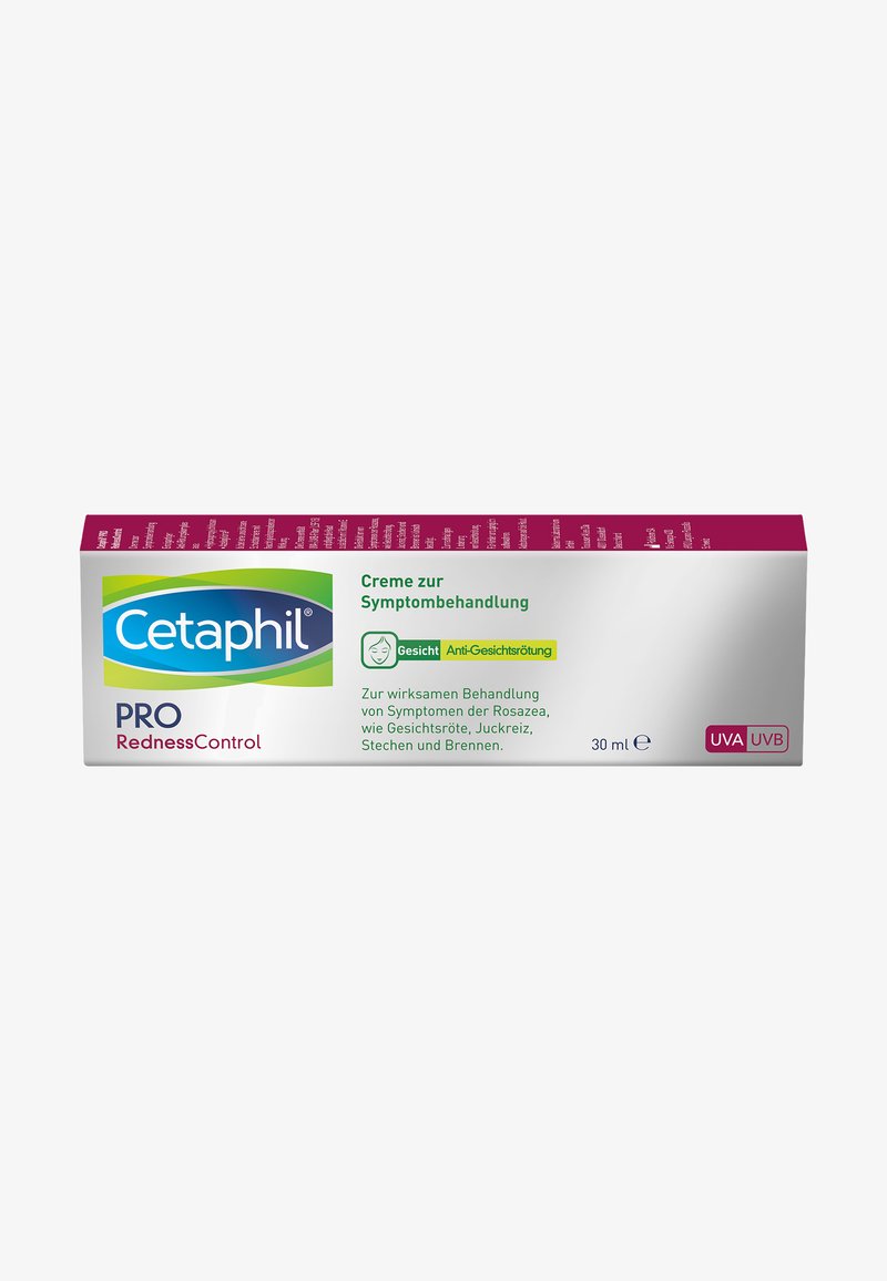 Cetaphil PRO Redness Control cream tube, 30 ml, features a white and purple design, with product details and usage instructions in green and black text.