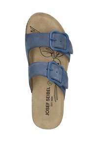 Niebieskie skórzane sandały mają dwie regulowane paski z niebieskimi klamrami, wyściełane beżowe wkładki oraz kwiatowy wzór wewnątrz.