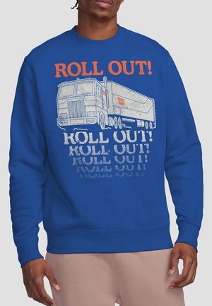 Blue sweatshirt featuring a graphic of a truck and the phrase "ROLL OUT!" in orange and white. Cotton blend with ribbed cuffs and hem.