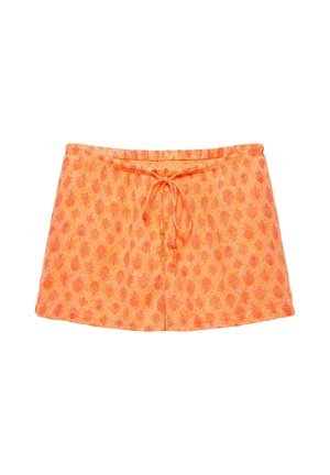 Orange Shorts mit einem pinken Blattmuster und einem vorderen Kordelverschluss, entworfen für legere Kleidung.