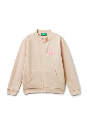 Felpa beige con zip, colletto, polsini e fondo a coste, tasche frontali e logo rosa sul lato sinistro del petto.