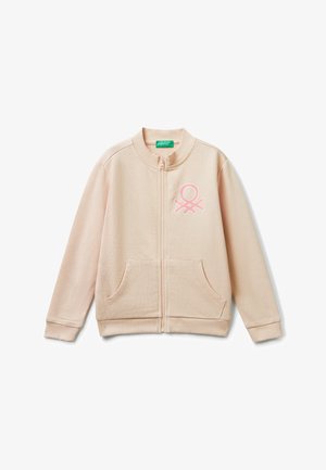 Beige Zip-Hoodie mit geripptem Kragen, Bündchen und Saum, Fronttaschen und pinkem Logo auf der linken Brust.